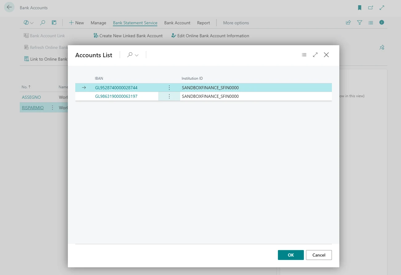 The Accounts List page in Business Central, listing the accounts available at the bank by IBAN