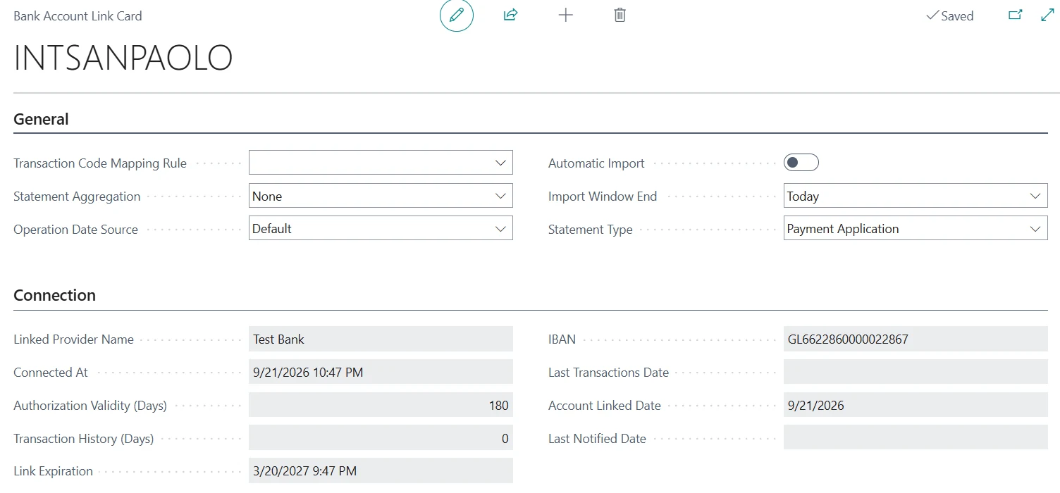The Bank Account Link Card with the import settings of a bank account and the details of its connection