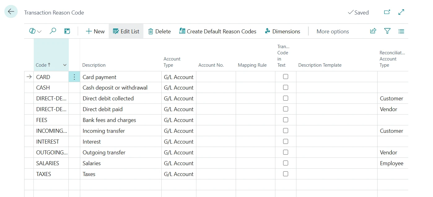 The Transaction Reason Code list with the default codes and their reconciliation account types